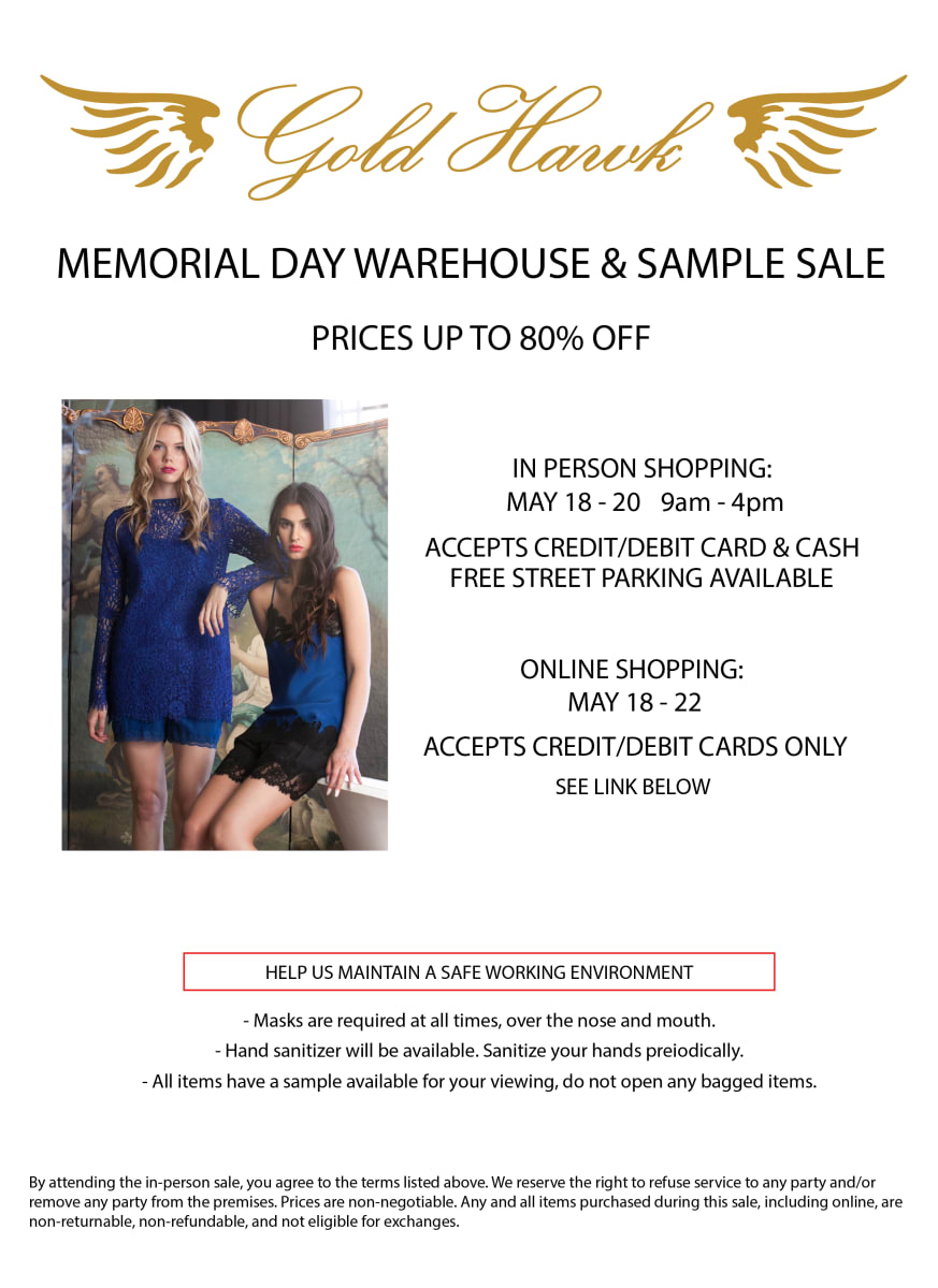 Gold Hawk Memorial Day Warehouse & Sample Sale warehouse sale 2022 rules details 1
