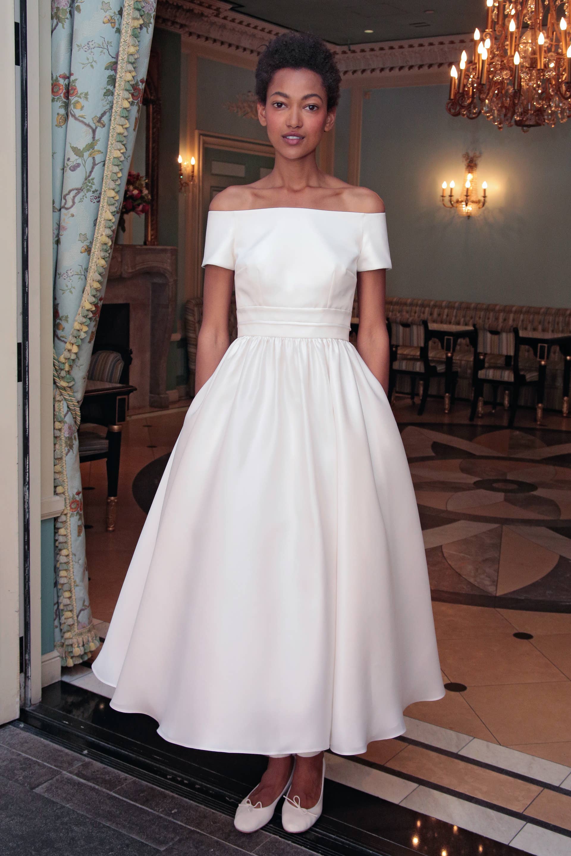 knee length dresses for ladies Flower Off Shoulder Lace A-Line Wedding Dress main image 0