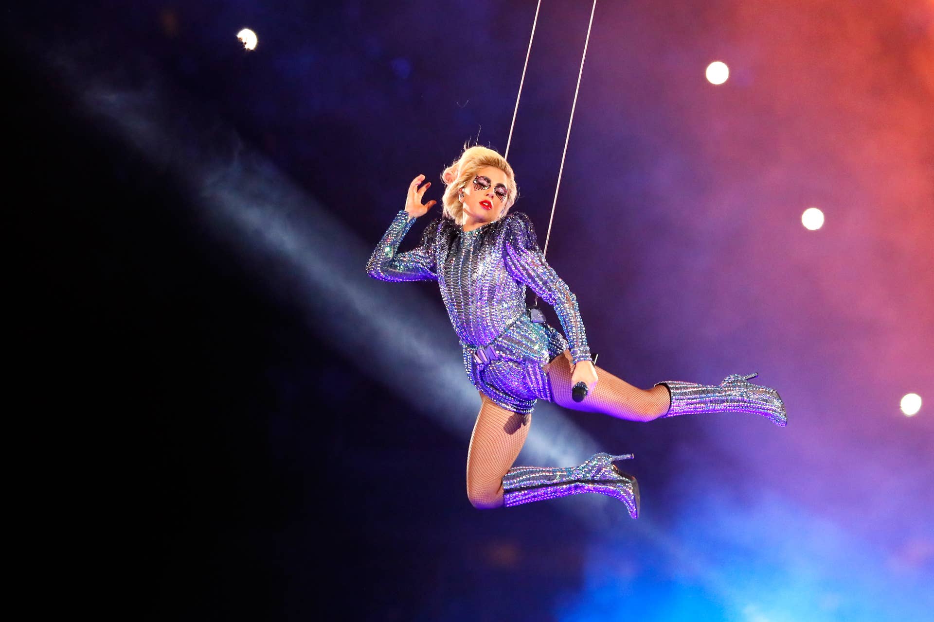 Lady Gaga Wears Versace to a Very Glittery 2017 Super Bowl