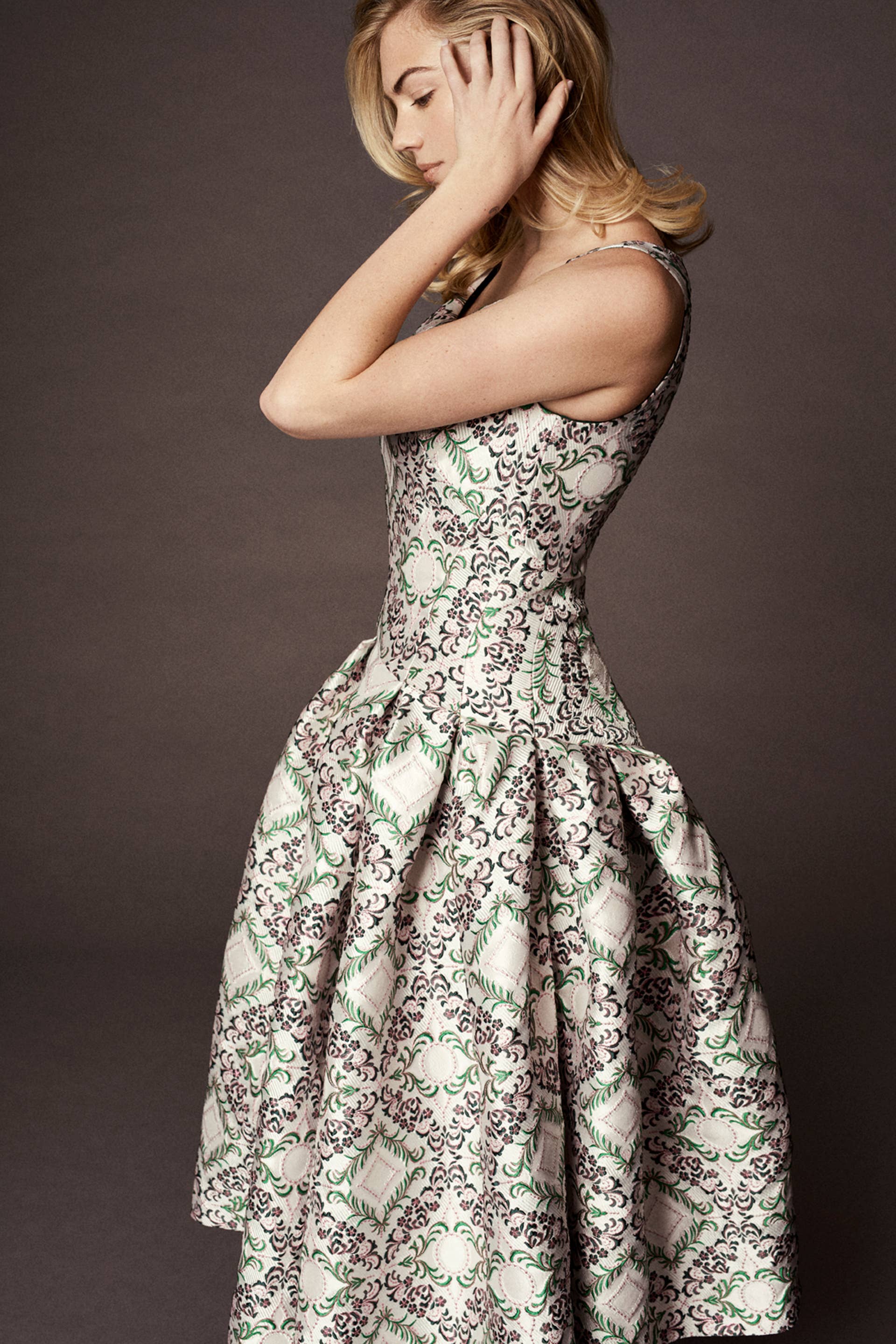 floral cloqu fitted sheath dress by zac posen Zac Posen Sleeveless Floral-Print Square-Neck Gown