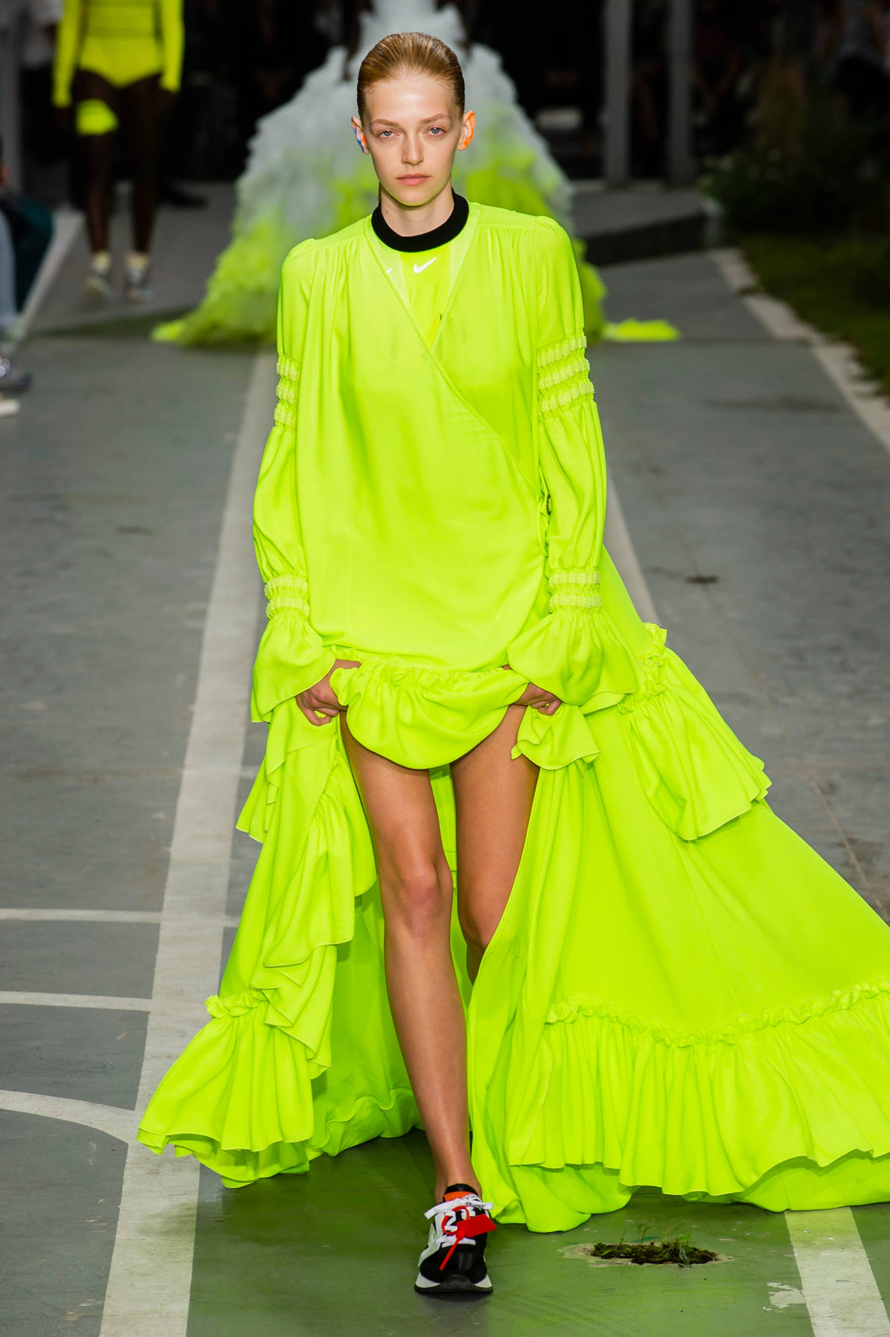 off white neon green dress Neon Green Off-shoulder Ruched Ruffle Dress