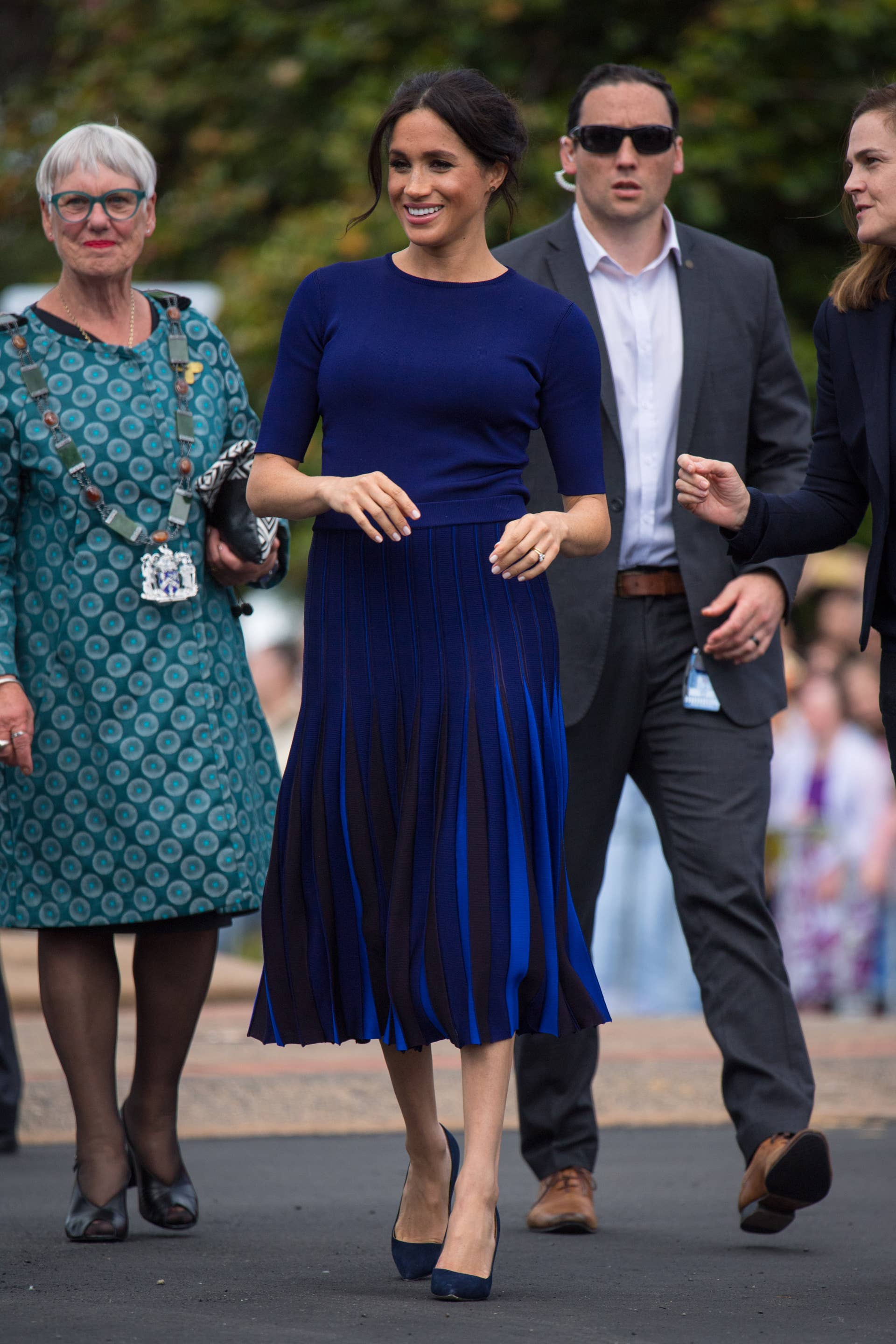 meghan markle navy blue dress Meghan Markle Navy Blue Tea Length Dress In Royal Tour