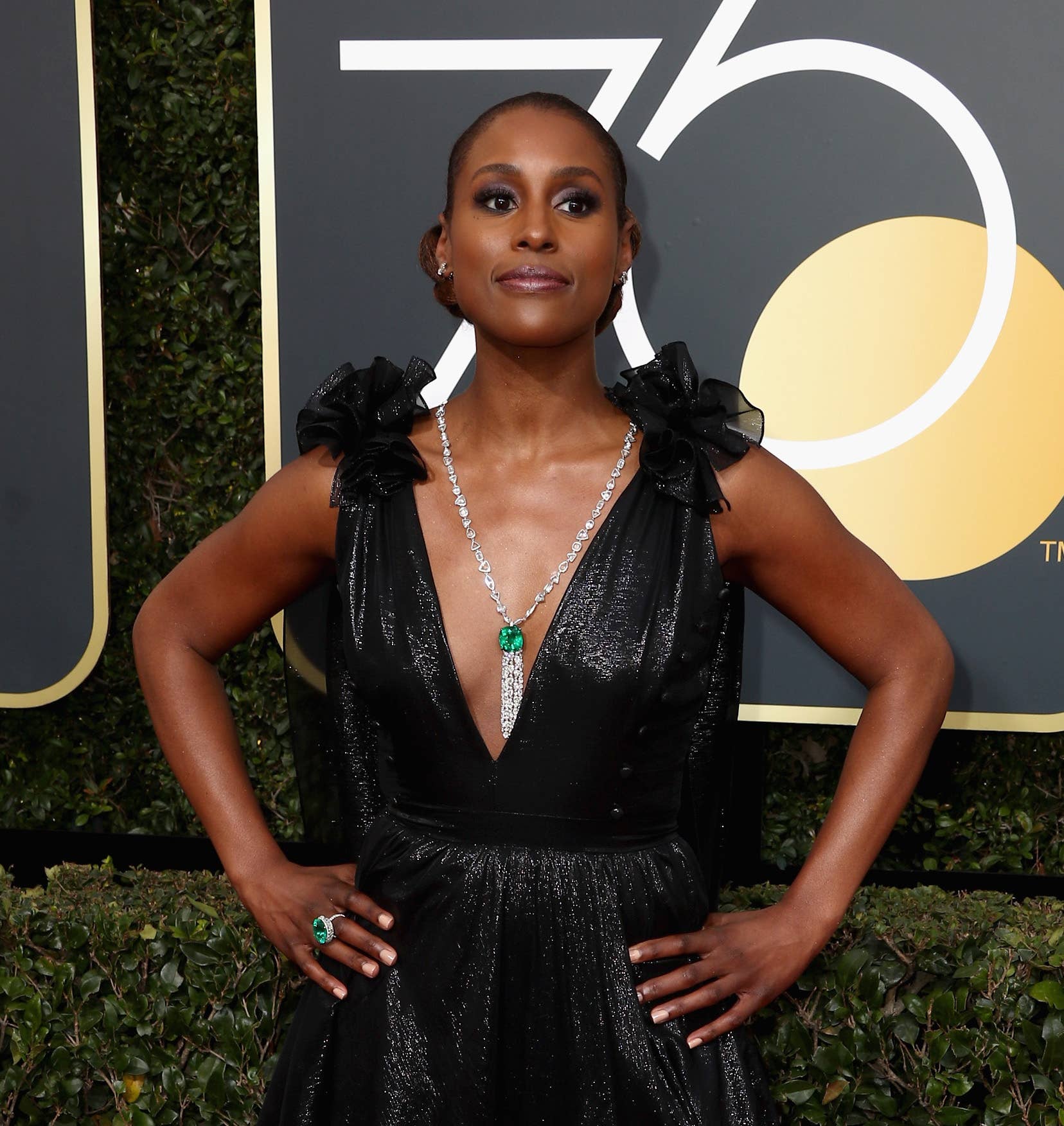 black dress green jewelry The All-Black Golden Globes Red Carpet Begat One Major Trend graduation dress for 8th grade
