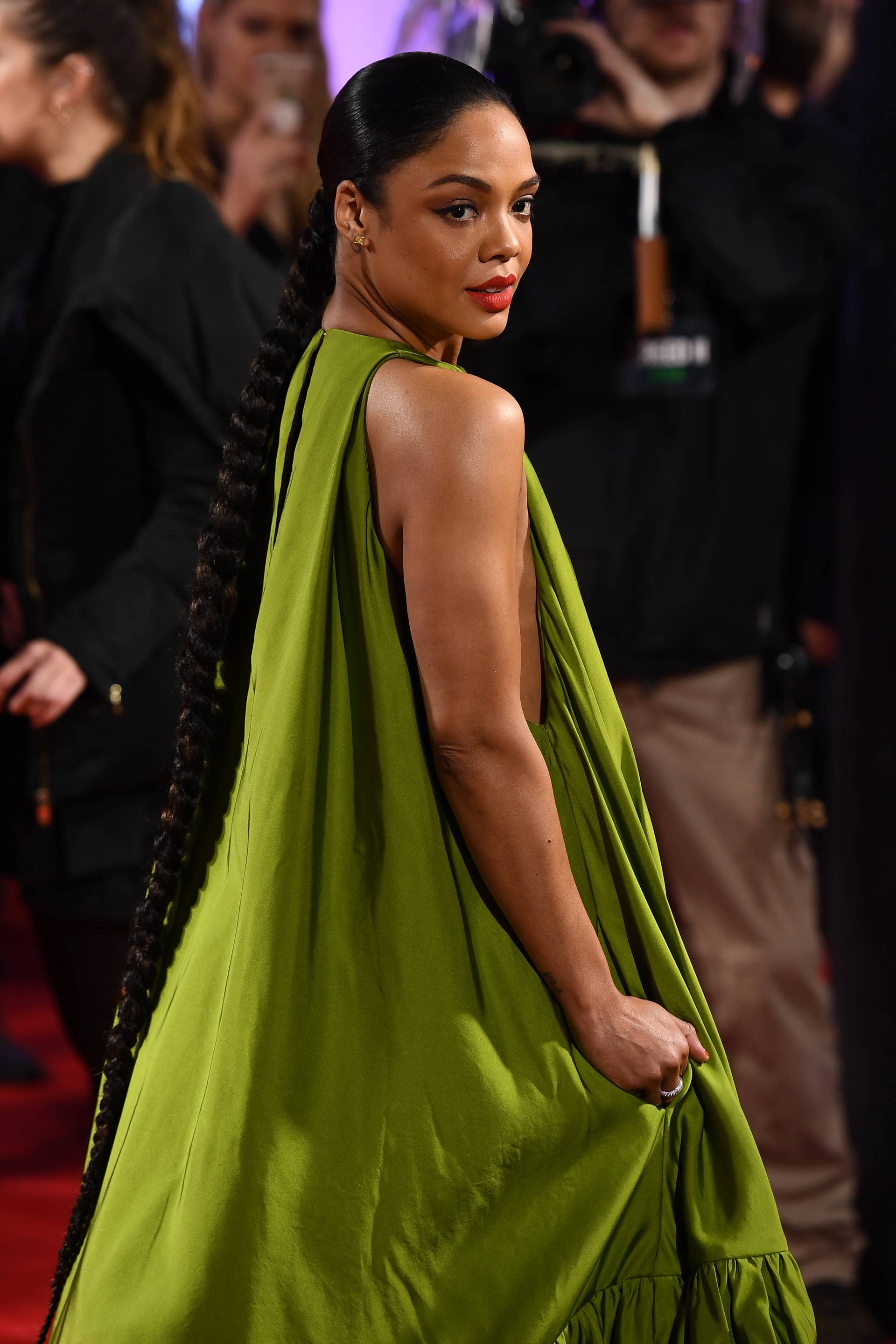 tessa thompson green dress Tessa Thompson Sage Green Satin Puffy Prom Gown