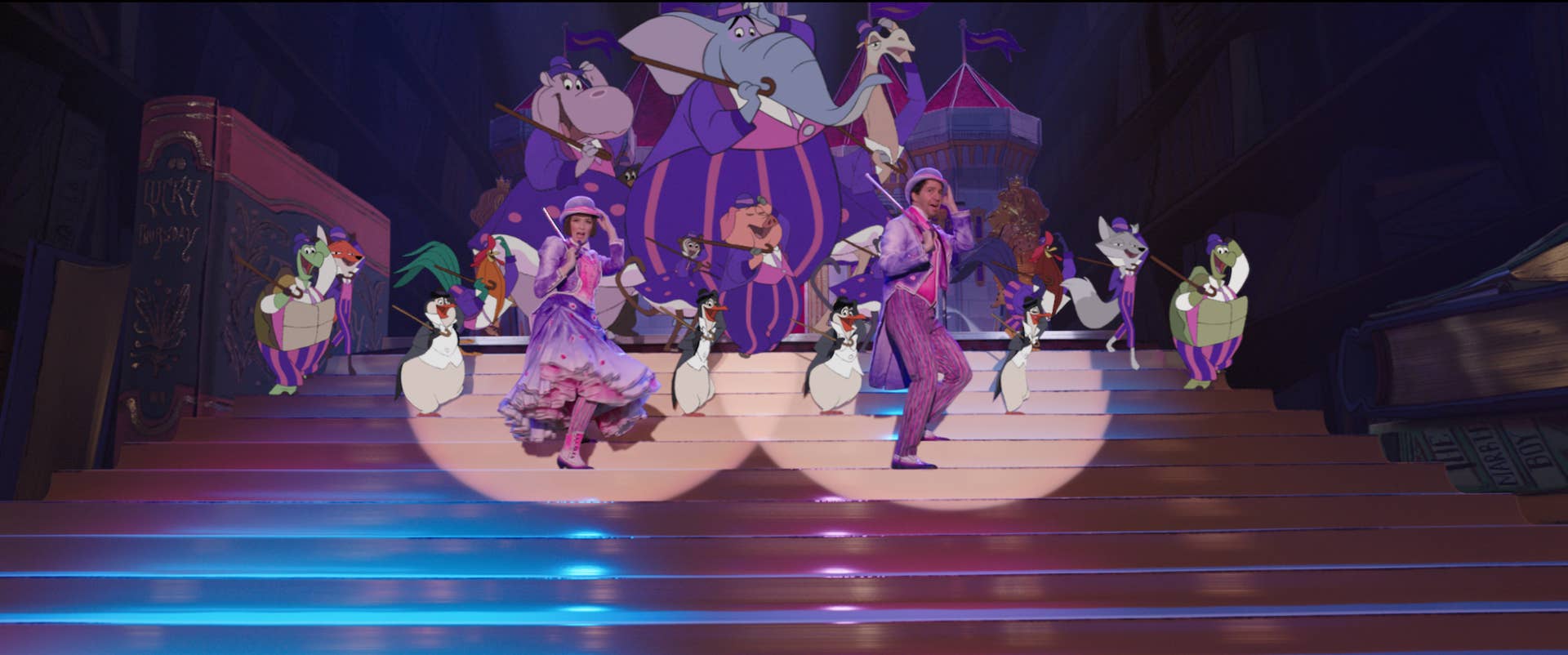 mary poppins returns purple dress Emily Blunt and Lin-Manuel Miranda Mary Poppins Returns Royal Doulton Bowl costumes on display