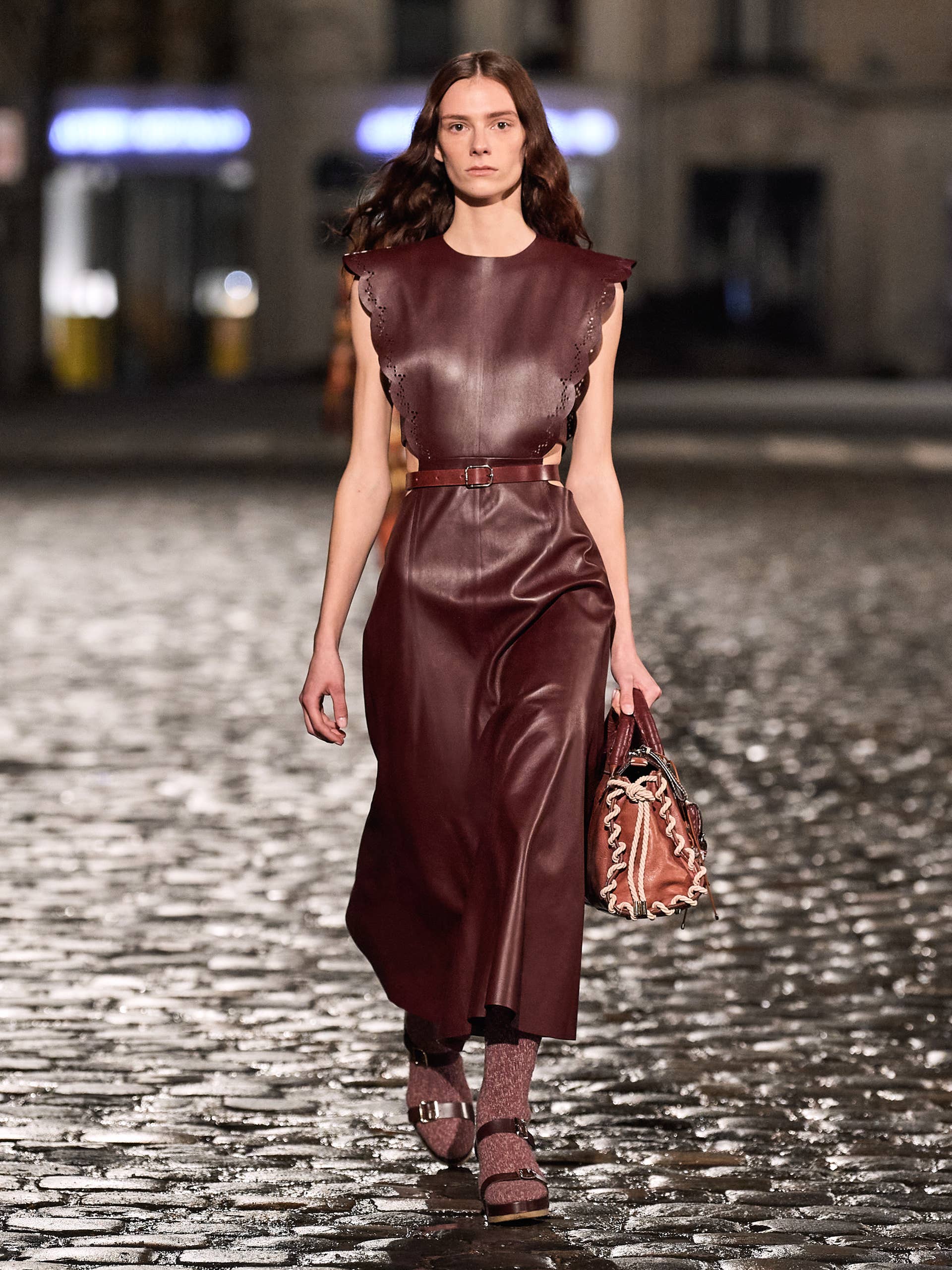 leather beige dress End Of Discussion Caramel Brown Faux Leather Belted Maxi Dress main image 0