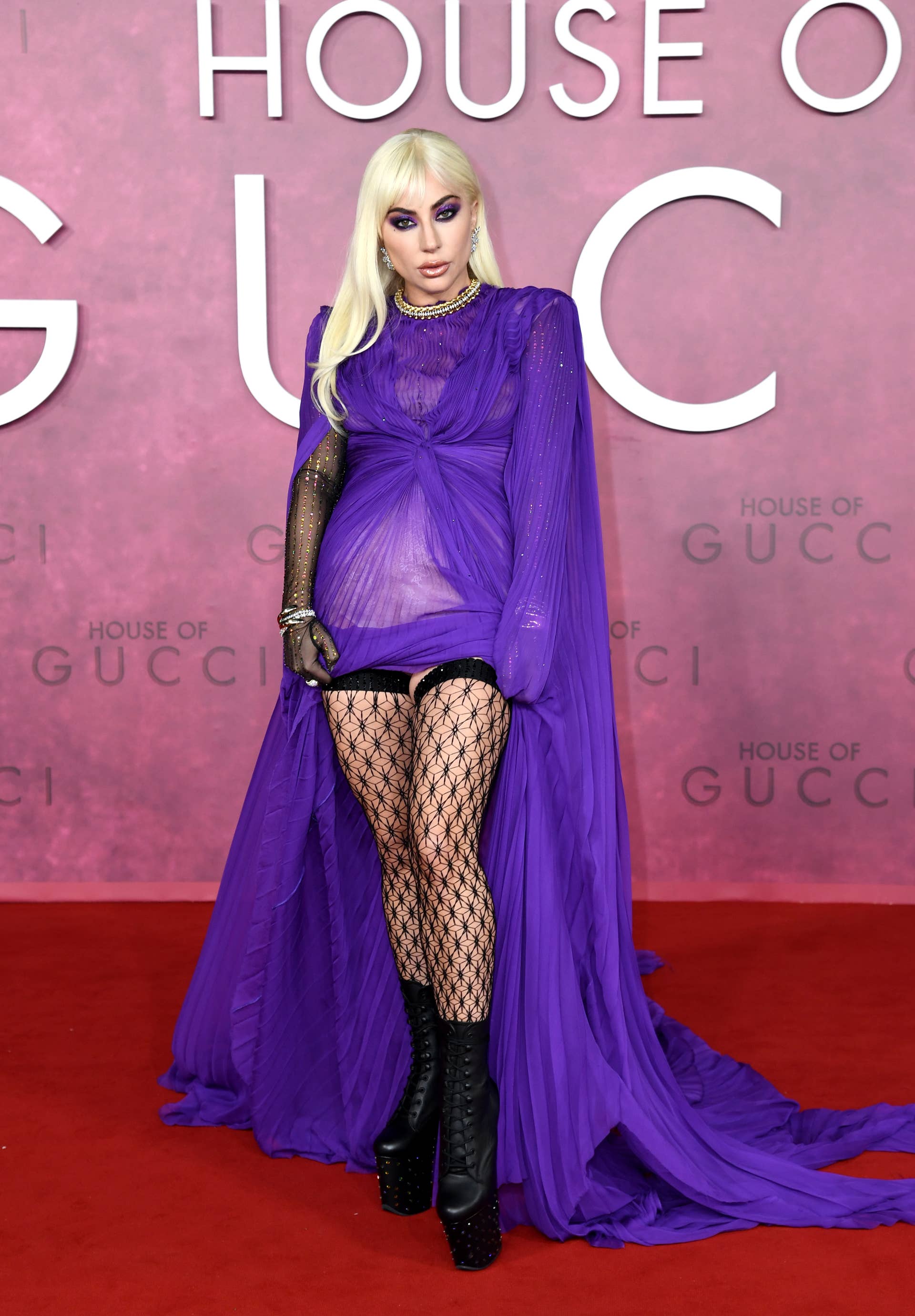 lady gaga purple gucci dress Lady Gaga Wore a Purple Dress and Platform Boots at the 'House of Gucci' Premiere