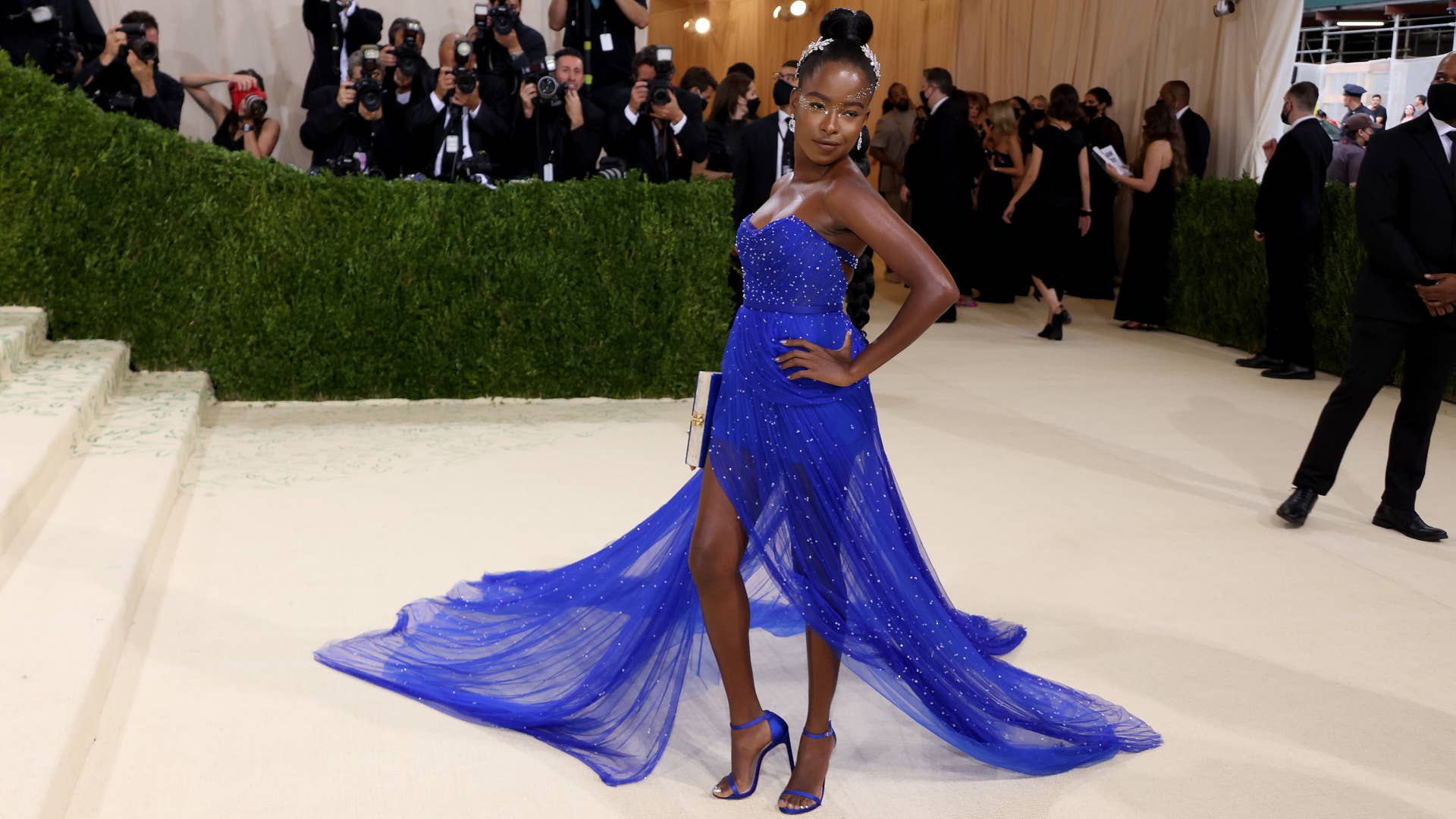 blue met gala dress Kylie Jenner Met 2023 Gala Red Crepe Sky Blue Slit Long Train Dress