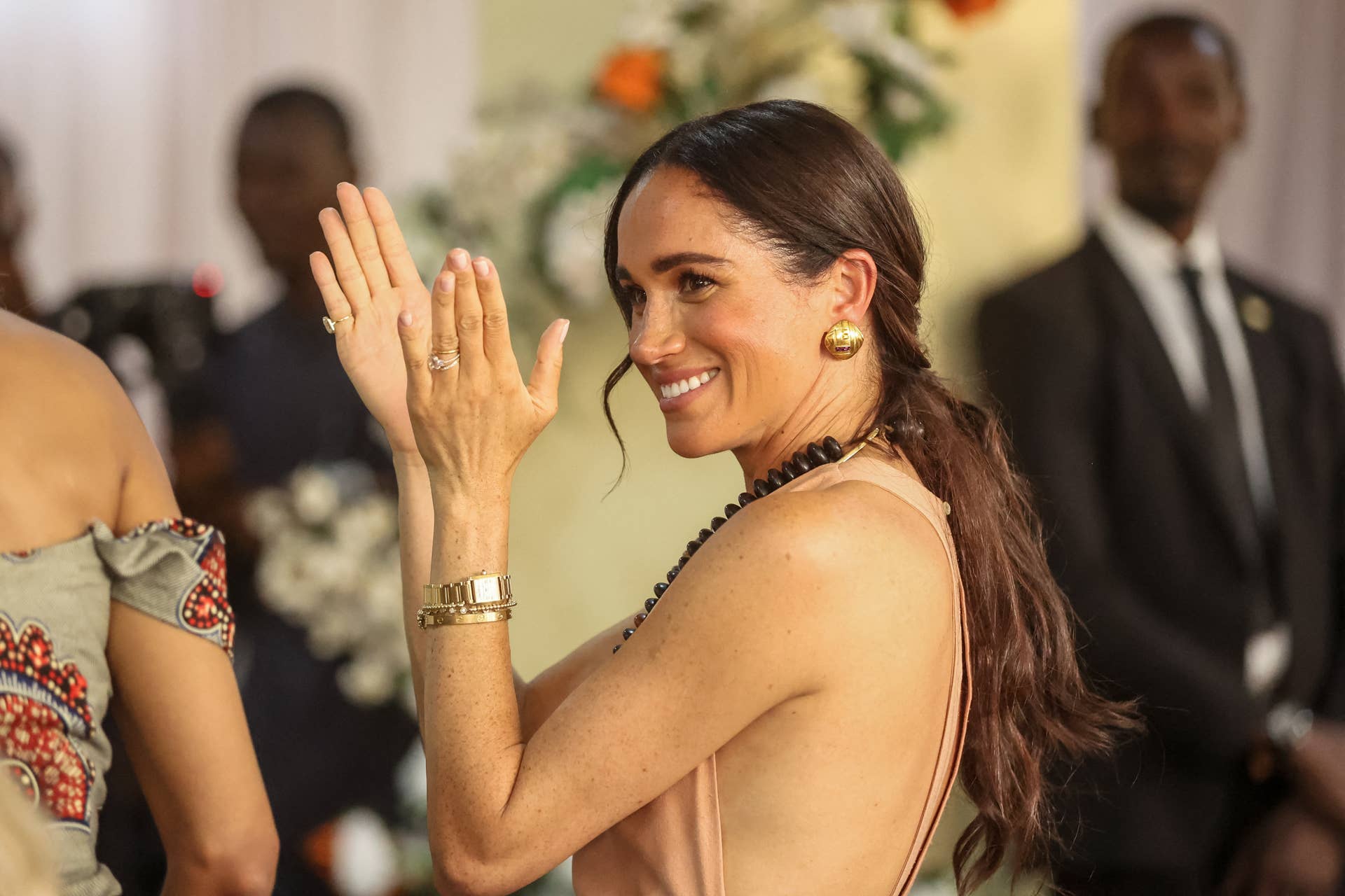 gold dress meghan markle Meghan Markle 2023 Ms Foundation Golden Midi Dress main image 1
