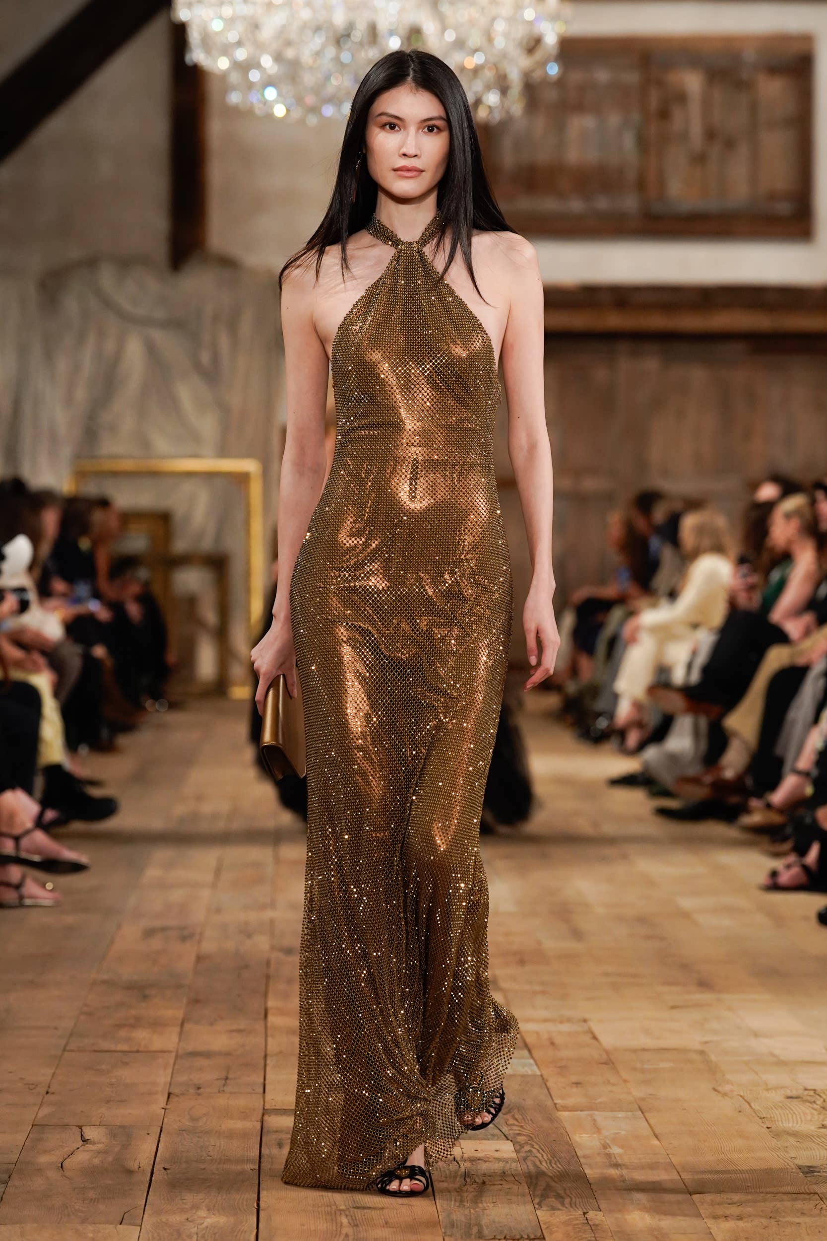 ralph lauren long gold dress Polo Ralph Lauren Brigitta Foiled Georgette Evening Dress In Gold