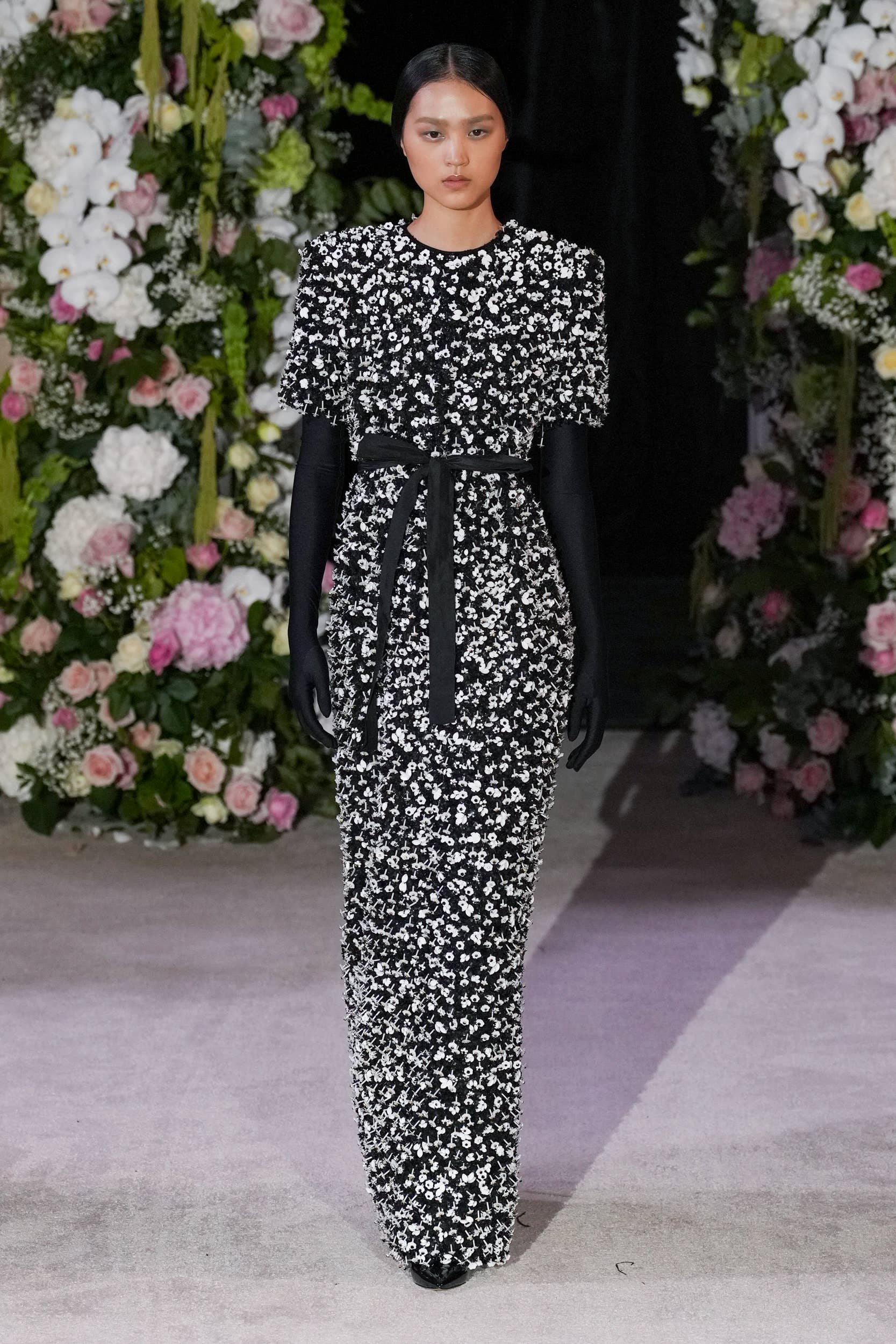 richard quinn floral print off the shoulder dress Richard Quinn Reveals Endlessly Opulent Eveningwear for Spring 2024