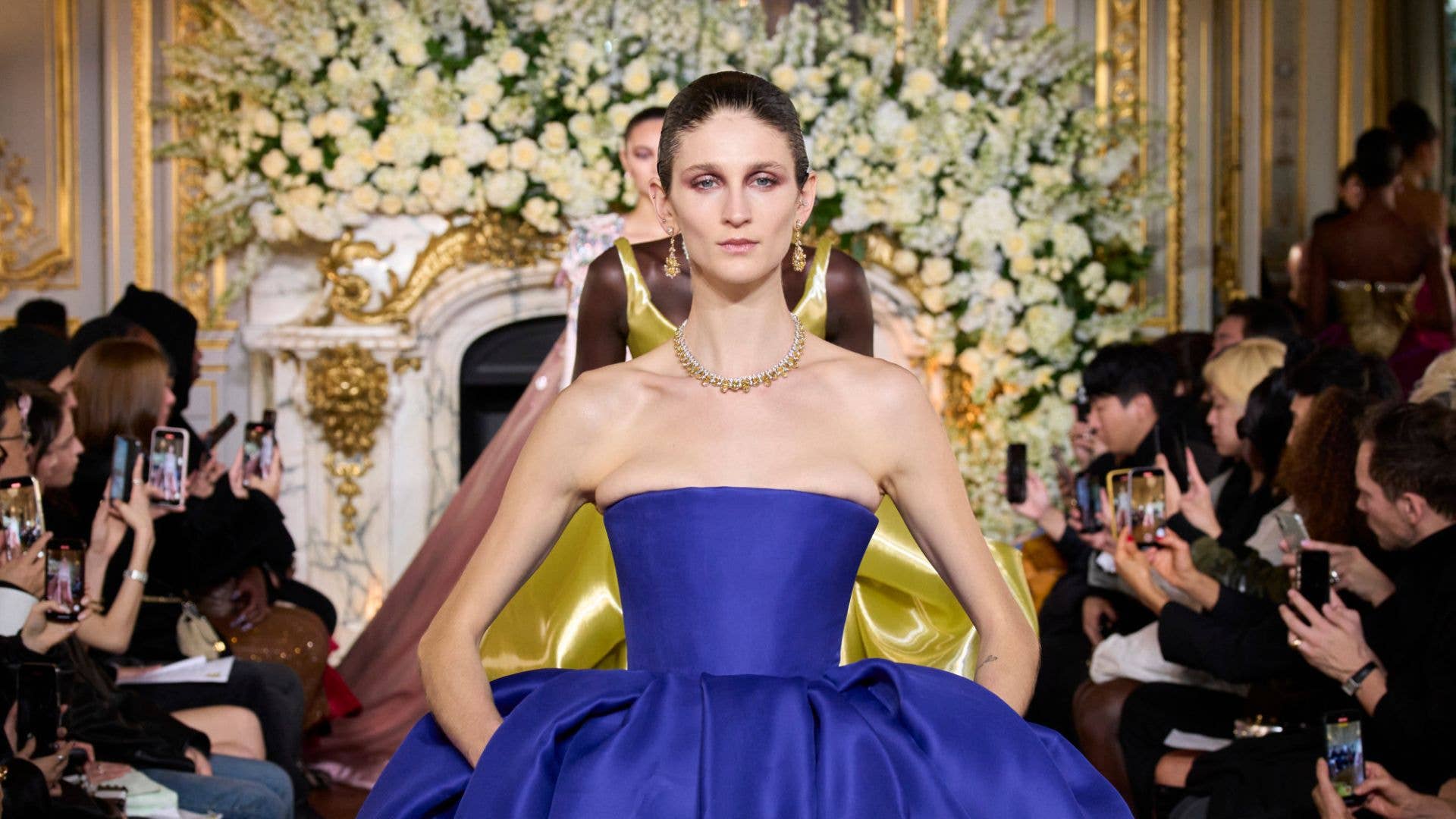 miss sohee couture blue dress Gives the Art of Seduction the Haute Treatment for Spring 2024 Color:Veiled Rose Off White Tap Shoe sheer nightgown