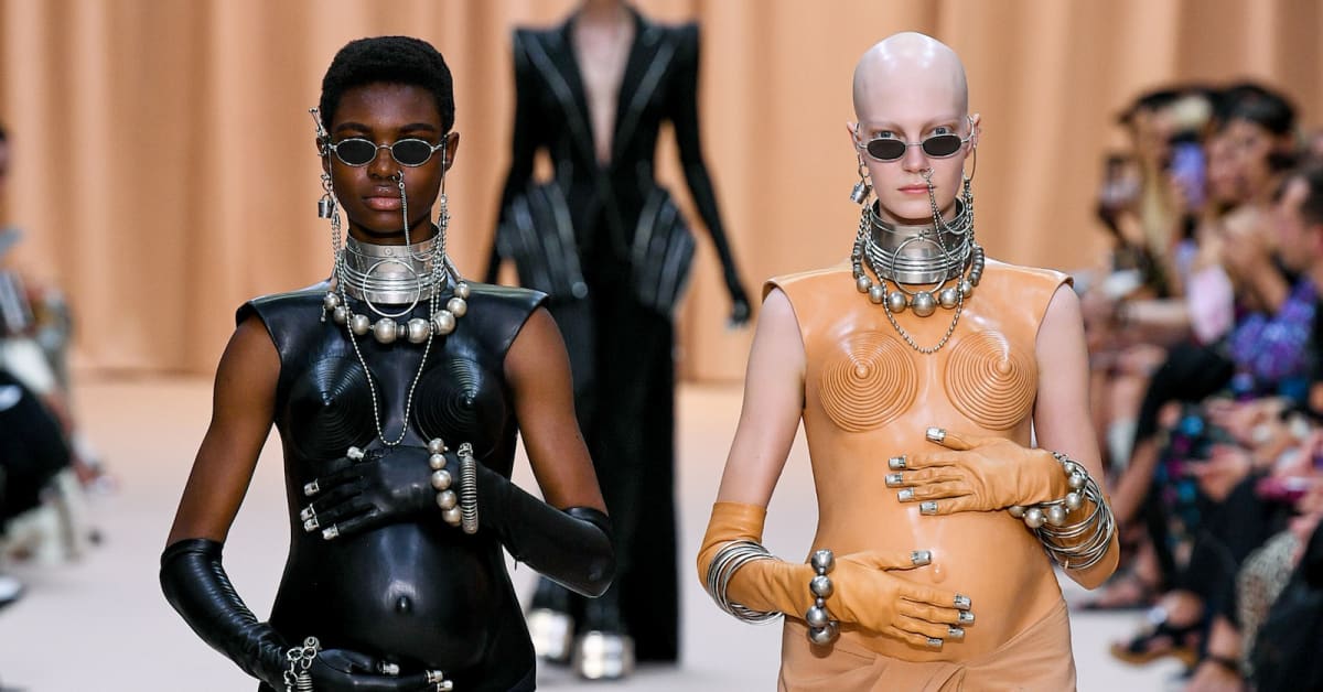 Olivier Rousteing s Jean Paul Gaultier Haute Couture Collection Has Cone Bras Baby Bumps and Human Perfume Bottles Fashionista