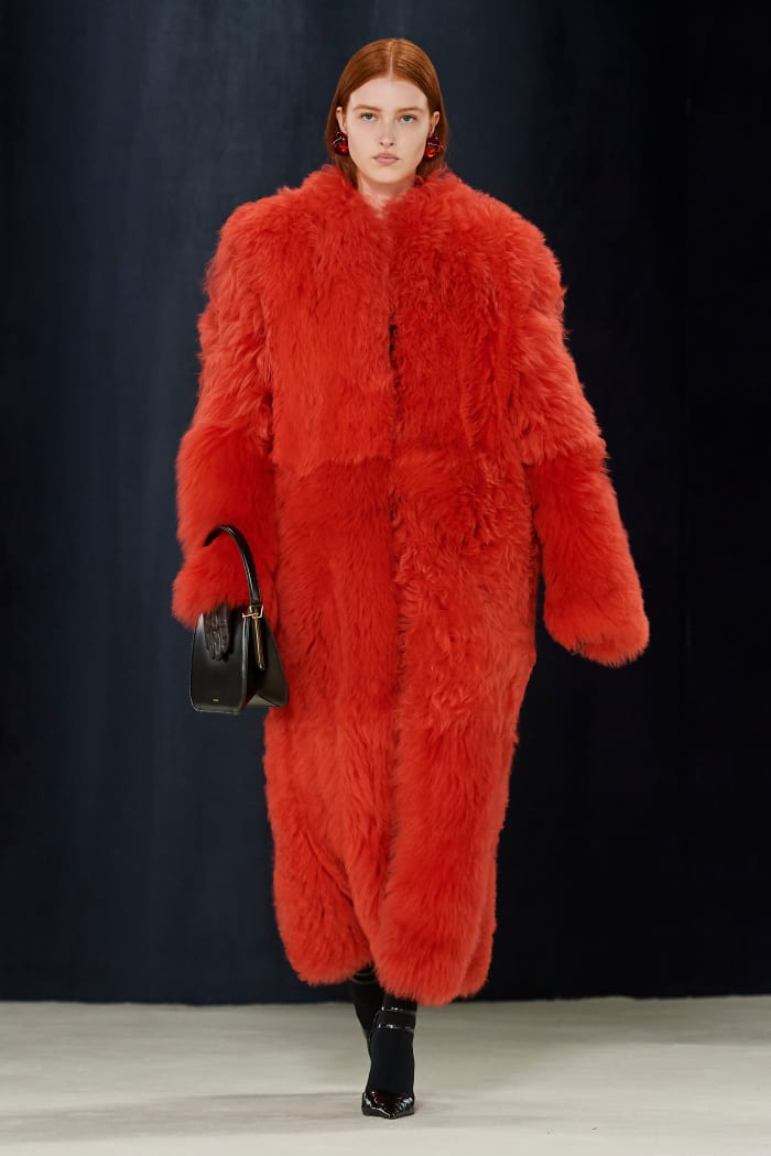 Furry red jacket sale