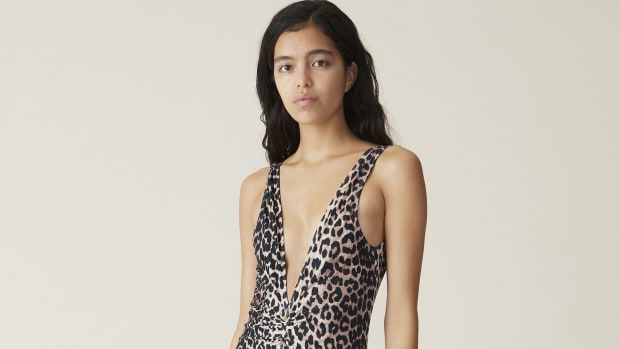 Ganni Plunge Leopard Print Swimsuit