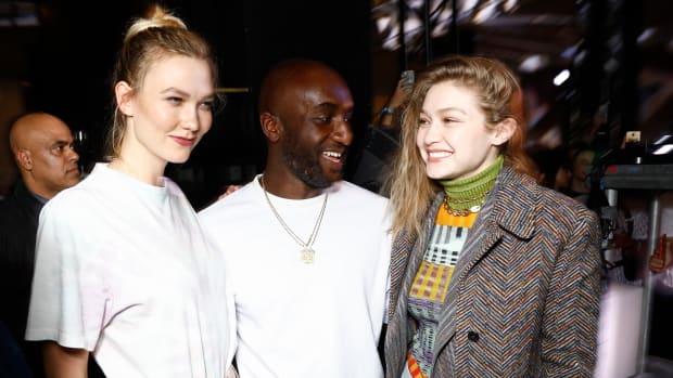 Karlie Kloss, Virgil Abloh and Gigi Hadid attend the launch of Evian and Virgil Abloh’s limited-edition “One Drop can make a Rainbow” collection at Theatre National de Chaillot, Paris