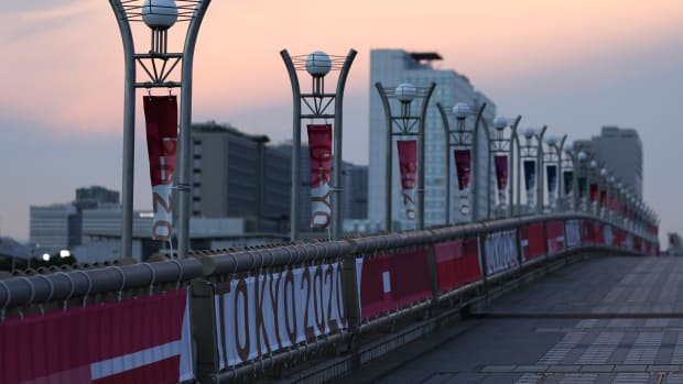 General view of "Tokyo 2020" signage on the Dream Bridge ahead of the Tokyo 2020 Olympic Games