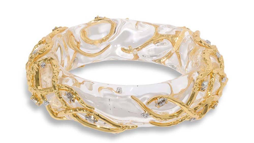 Bracelet Rigide Alexis Lahellec Avec Fleurettes En Résine Dorée Et Strass - État Neuf, Occasion