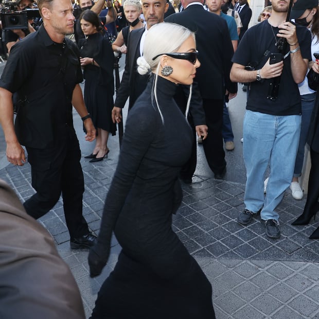 Kim Kardashian arrives at Balenciaga on July 06, 2022 in Paris, France