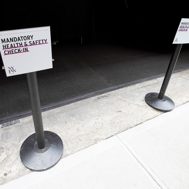 A view of signage on display during New York Fashion Week The Shows at Spring Studios on September 11, 2020 in New York City.