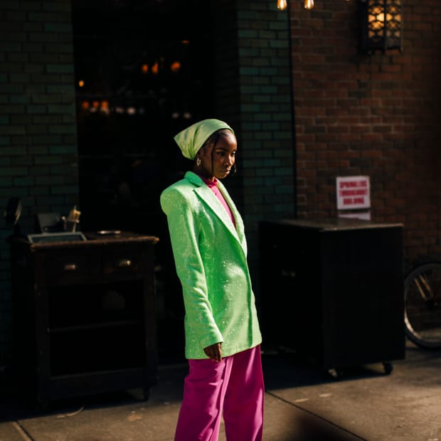 New York Fashion Week Street Style Green and Pink