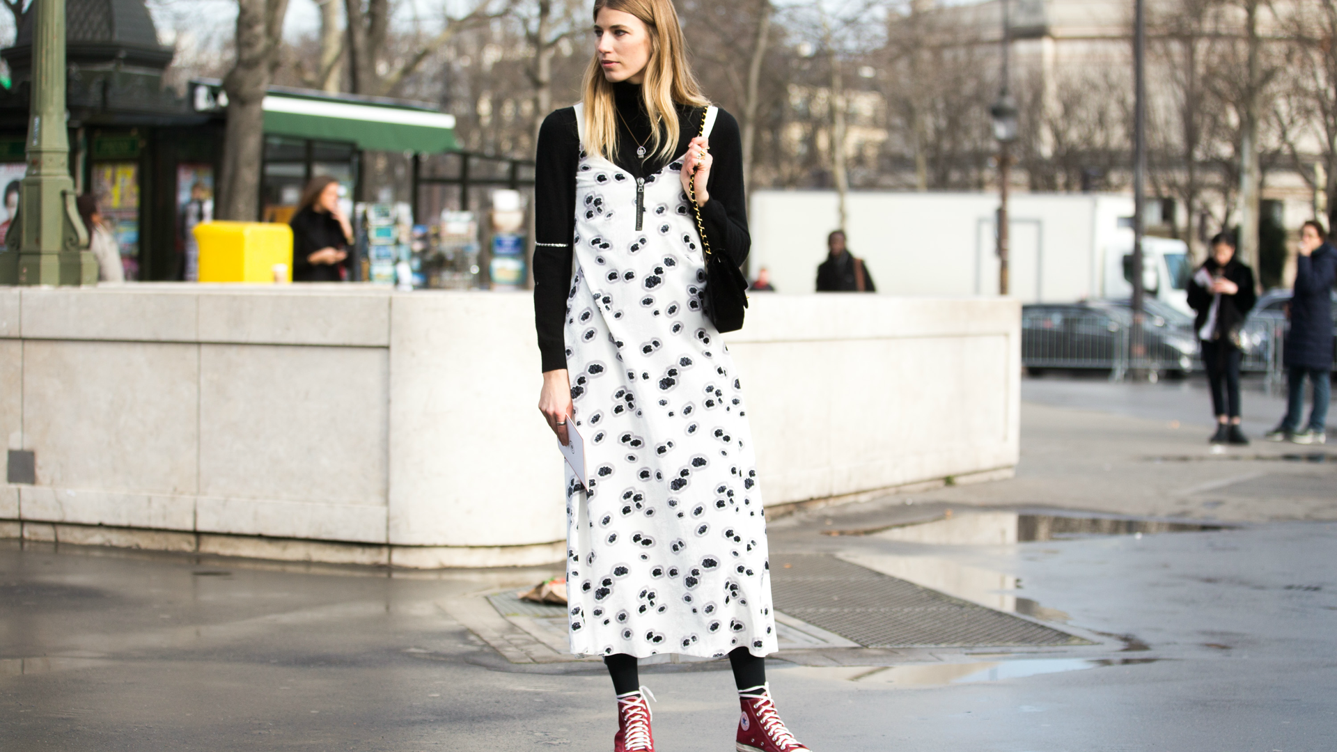 Turtleneck with slip dress and cardigan