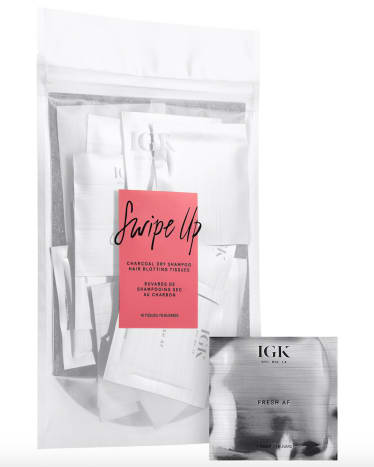 IGK Swipe Up Charcoal Dry Shampoo Hair Blotting Tissues, $18, available here:&nbsp;Infinitely more portable than a can of dry shampoo, these charcoal powder- and kaolin clay-infused sheets refresh greasy roots mid-day and get flat bangs back on track.&nbsp;