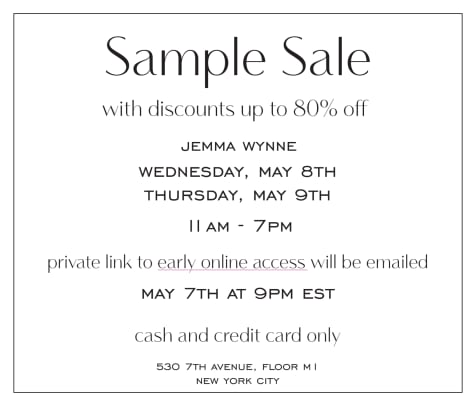 Jemma Wynne Sample Sale, May 8th - 9th (New York City) - Fashionista