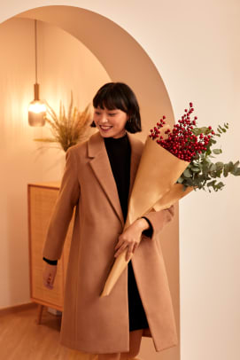 Mavina Tailored Slim Coat in Tan(LN0890) + Arina Mock Neck Knit Dress in Black (LN0851)