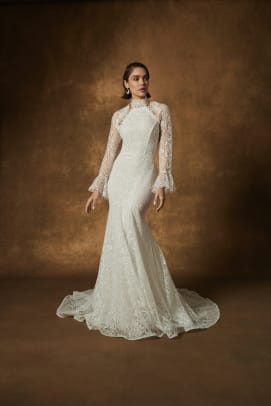 The Top Fall 2024 Wedding Dress Trends Include 80s Bubble Skirts   Marc Ingram Atelier Wedding Dress Fall 2024 Lace Heavenly Front 