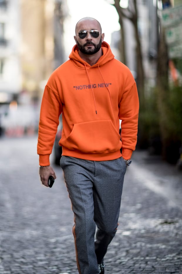 orange hoodie outfit men