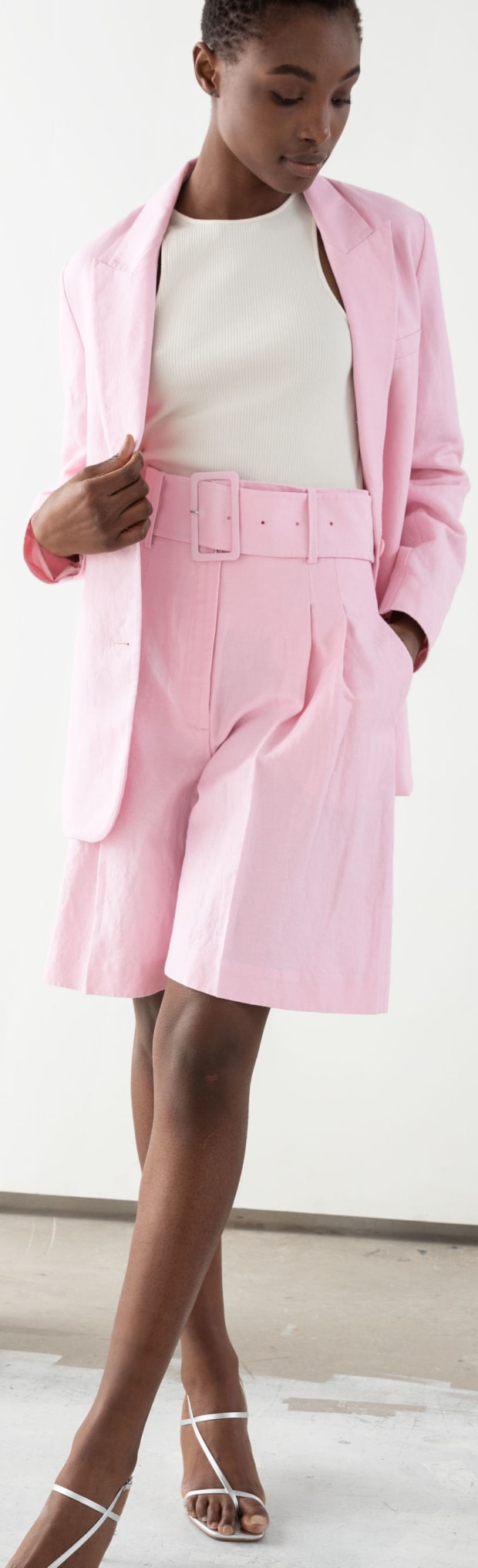 pink blazer and shorts