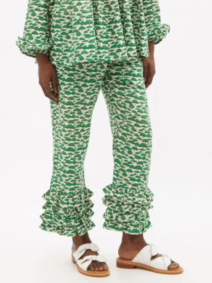 Muzungu Sisters Talitha Ruffled-Cuff Mushroom-Print Linen Trousers $254