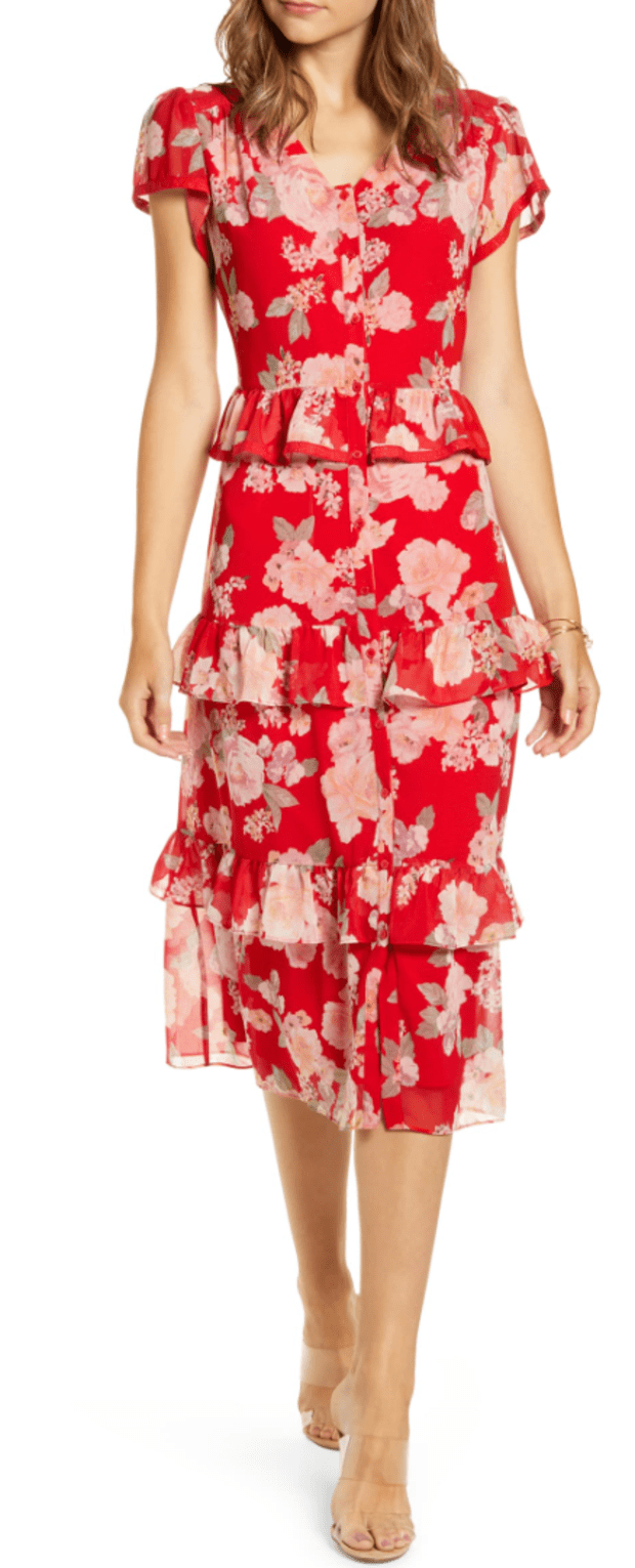 red button front midi dress