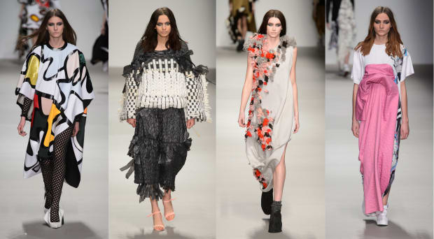 From left to right: Collection looks by designers Beth Postle, Hayley Grundmann, Paul Thomson and Catriona McAuley-Boyle. Photos: Imaxtree