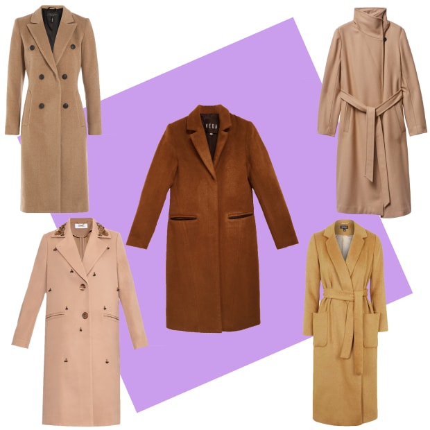 TOP LEFT: Rag & Bone camel coat, $995, available at Stylebop; CENTER: Veda wool coat camel, $770, available at Veda; TOP RIGHT: Babton Jacoby coat, $295, available at Aritzia; BOTTOM LEFT: Muveil embellished twill coat, $882, available at Matches Fashion; BOTTOM RIGHT: Topshop belted wool blend coat, $170, available at Topshop.