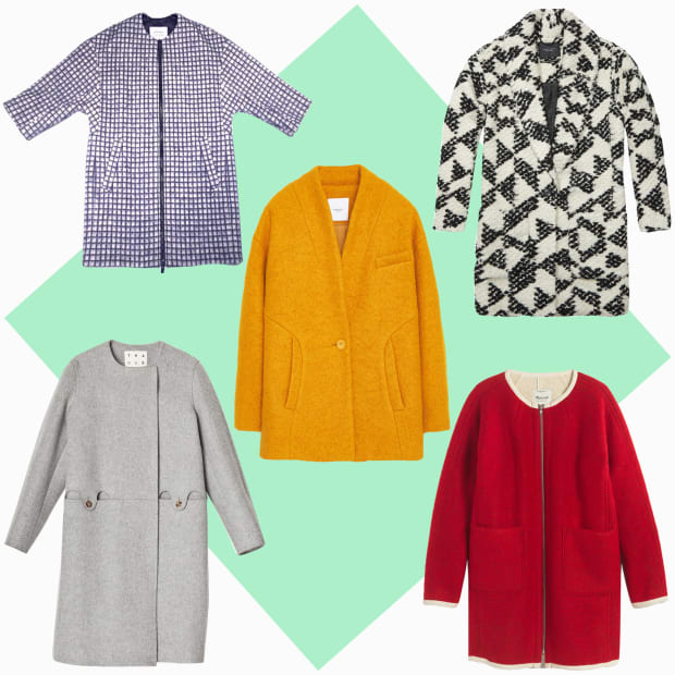 TOP LEFT: Ayr cube coat, $595, available at AYR; CENTER: Mango bouclé wool coat, $119.99, available at Mango; TOP RIGHT: Scotch & Soda cocoon coat, $355, available at Scotch & Soda; BOTTOM LEFT: Trademark collarless coat, $678, available at Trademark; BOTTOM RIGHT: Madewell sherpa-lined cocoon coat, $268, available at Madewell.