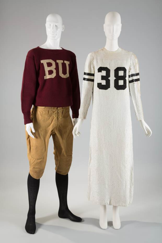 Left: Football uniform, circa 1920, wool and cotton duck, USA, museum purchase. Right: Geoffrey Beene, "football jersey" dress, fall 1967, silk and sequins, USA, museum purchase. Photo: The Museum at FIT