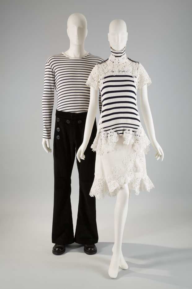 Left: Jean Paul Gaultier, ensemble, circa 1992, cotton, France, gift of Antoine Bucher and Michael Harrell. Right: Sacai, ensemble, Spring 2015, cotton, silk, synthetic, Japan, museum purchase. Photo: The Museum at FIT