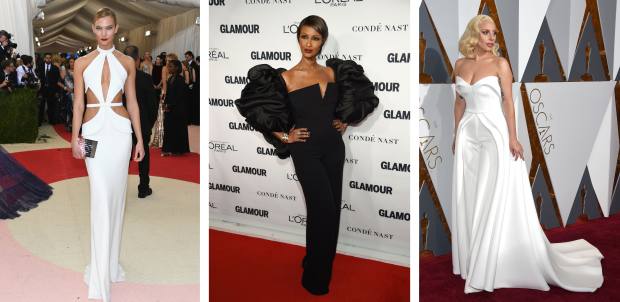 From left to right: Karlie Kloss at the 2016 Met Gala, Iman at the Glamour Women of the Year Awards in 2015 and Lady Gaga at the Oscars in 2016 — all wearing Brandon Maxwell. Photos: Larry Busacca, Dimitrios Kambouris, Ethan Miller / Getty Images