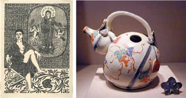 "An Angel Dreaming Room" by artist Hiratsuka Un'ichi (L) and a piece of 17th century porcelain Arita ware (R). Photo: Art Institute Chicago