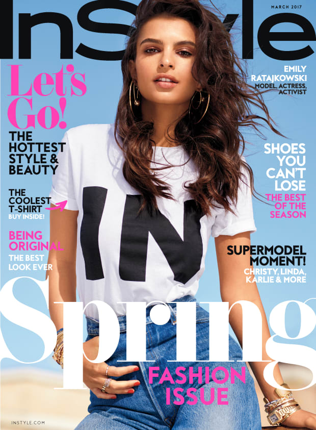 Emily Ratajkowski in the Off-White T-shirt and Re/Done x Levi's jeans on the March newsstand cover of 'InStyle.' Photo: Carter Smith/InStyle