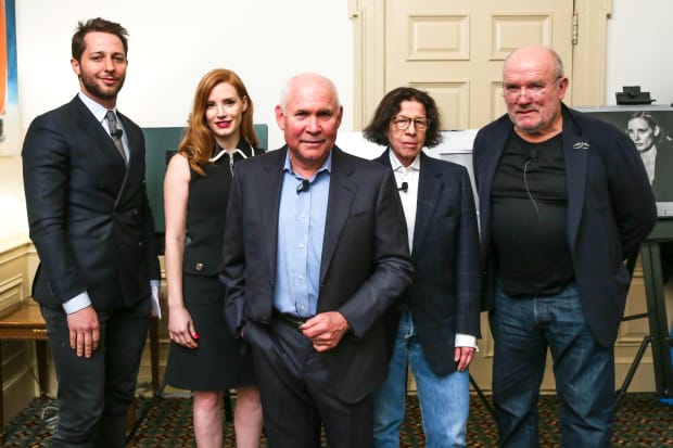Derek Blasberg, Jessica Chastain, Steve McCurry, Fran Lebowitz and Peter Lindberg. Photo: Courtesy of Pirelli