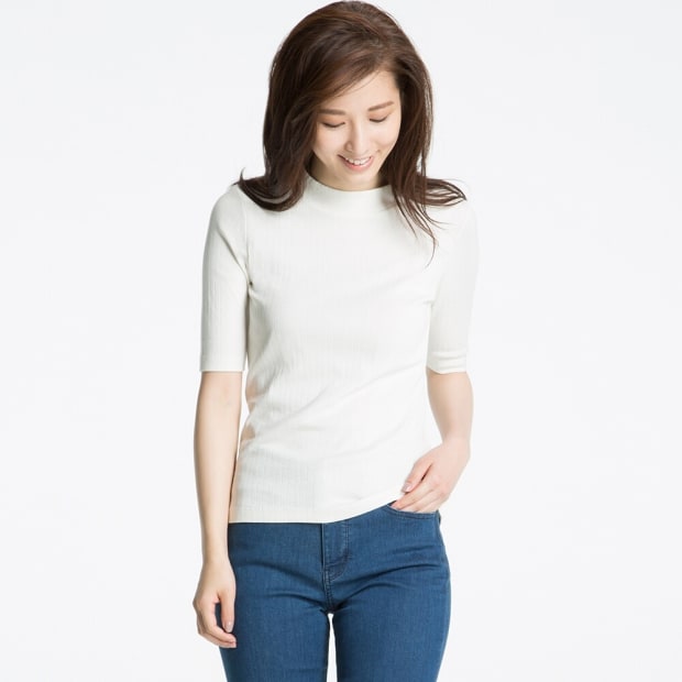Uniqlo ribbed high-neck half-sleeve T-shirt, $14.90, available at Uniqlo.
