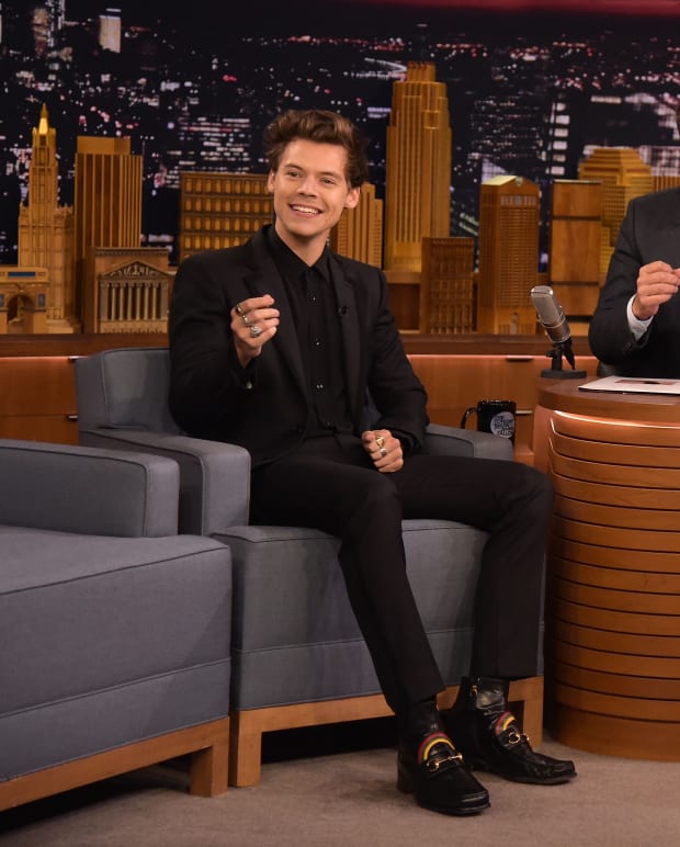 Harry Styles in Alexander McQueen on "The Tonight Show Starring Jimmy Fallon" on Wednesday in New York. Photo: J. Kempin/Getty Images for NBC