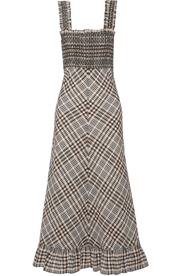 Ganni "Charron" checked cotton-blend seersucker maxi dress, $295, available at Net-a-Porter.