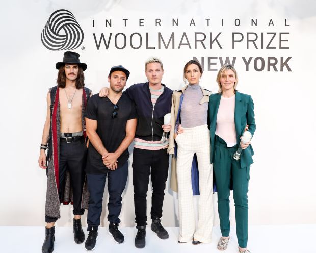 From left to right: A model wearing Rochambeau's winning look, designers Joshua Cooper and Laurence Chandler of Rochambeau, a model wearing Gabriela Hearst's winning look and designer Gabriela Hearst.