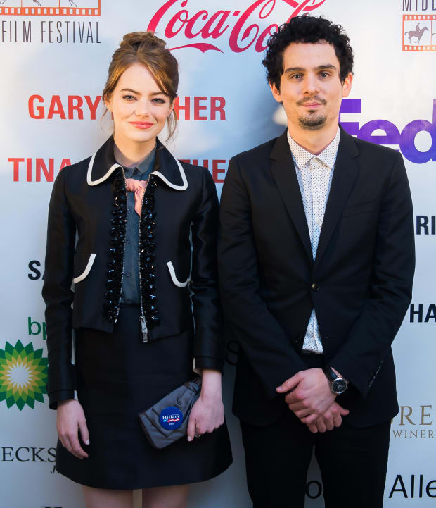 Emma Stone in Prada with Damien Chazelle at the "La La Land" screening at the Middleburg Film Festival. Photo: Middleburg Film Festival.
