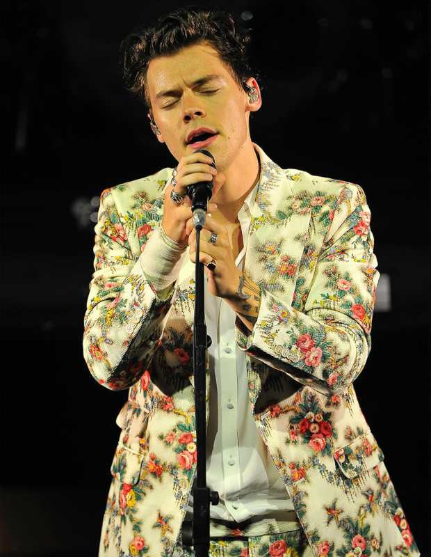 Harry Styles in a custom Gucci floral printed velvet suit and silk shirt at The Masonic in San Francisco. Photo: @gucci/Instagram