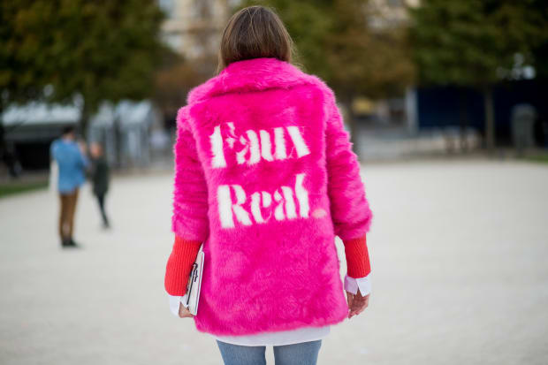 Alexandra Lapp wearing a fake fur jacket from Jakke in Paris, Sept. 2017. Photo: Christian Vierig/Getty Images
